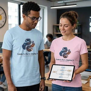 May include: Two people wearing light blue and pink t-shirts with a Python logo and the text "Code it. Fix it. Deploy it. From script to solution." A tablet displays a flowchart.