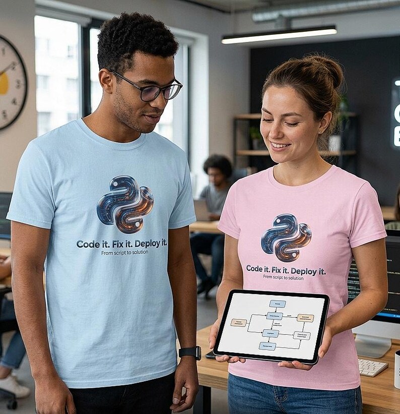May include: Two people wearing light blue and pink t-shirts with a Python logo and the text "Code it. Fix it. Deploy it. From script to solution." A tablet displays a flowchart.