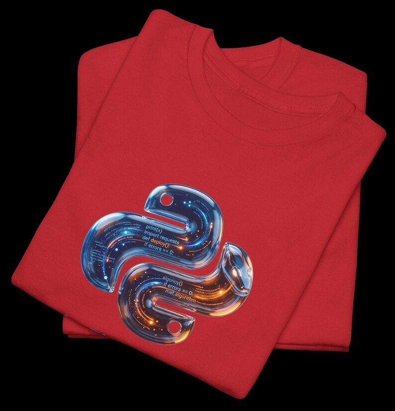 Bold red t-shirt with a high-contrast 3D liquid python graphic. The glowing internal code highlights the "Code it. Fix it. Deploy it." motto. Energetic and eye-catching gift for tech-savvy graduates and software developers.