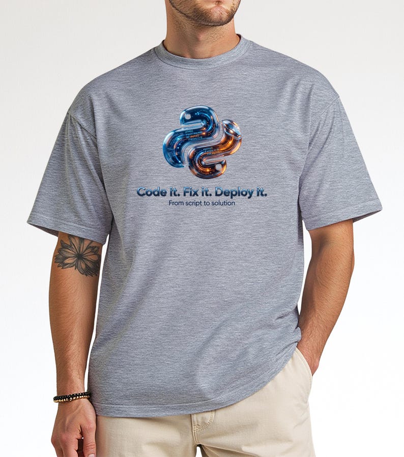 Sport grey premium tee featuring the futuristic 3D Python snake design. Soft, professional look for data scientists and AI engineers. Perfect for those who appreciate clean, tech-focused aesthetics and high-quality DTG prints.