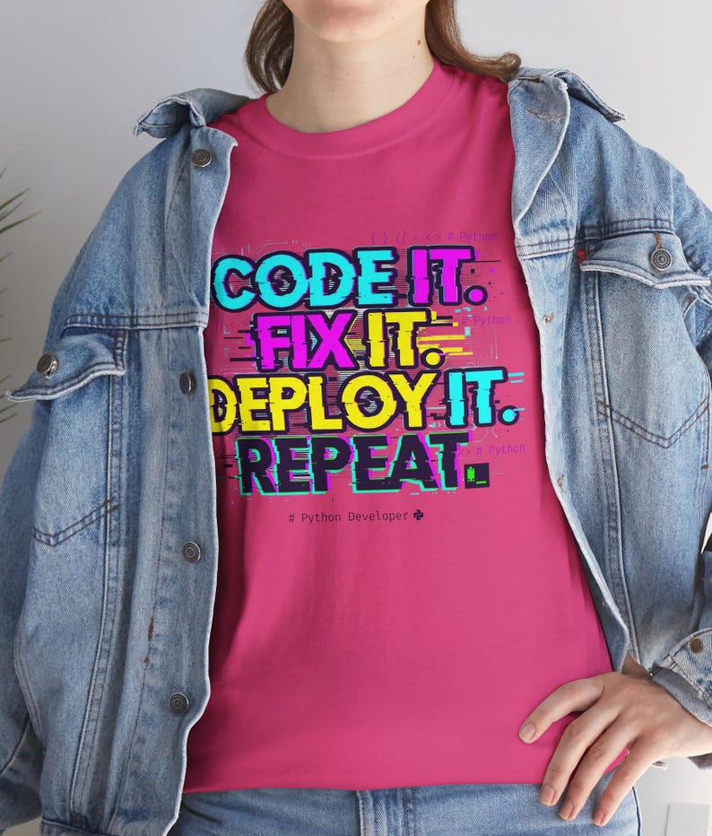 heliconia pink shirt with a bright professional glitch print. A funny and stylish gift for software developers and tech leads. Features a bold repeat cycle coding mantra.