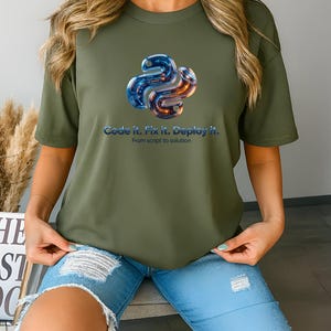 Military green t-shirt with a liquid metal python design. Minimalist and bright look for data scientists and STEM students. Features "From script to solution" motto.