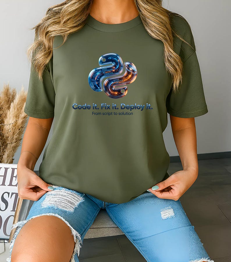 Military green t-shirt with a liquid metal python design. Minimalist and bright look for data scientists and STEM students. Features "From script to solution" motto.