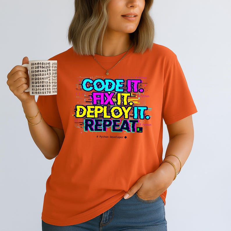 Orange shirt with a bright professional glitch print. A funny and stylish gift for software developers and tech leads. Features a bold repeat cycle coding mantra.