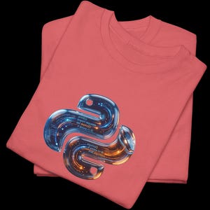 Coral silk t-shirt with a high-contrast 3D liquid python graphic. The glowing internal code highlights the "Code it. Fix it. Deploy it." motto. Energetic and eye-catching gift for tech-savvy graduates and software developers.
