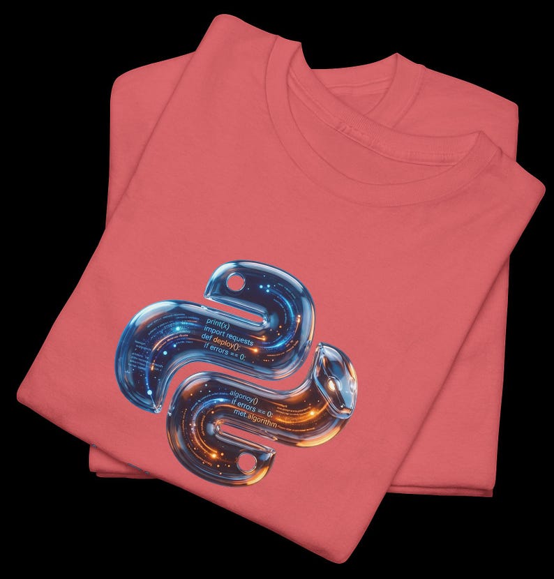 Coral silk t-shirt with a high-contrast 3D liquid python graphic. The glowing internal code highlights the "Code it. Fix it. Deploy it." motto. Energetic and eye-catching gift for tech-savvy graduates and software developers.