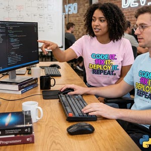 K&ouml;nnte beinhalten: Zwei Personen arbeiten an einem Schreibtisch mit Computermonitoren. Sie tragen T-Shirts mit der Aufschrift "CODE IT. FIX IT. DEPLOY IT. REPEAT." B&uuml;cher mit dem Titel "Clean Code" und "The Pragmatic Programmer" liegen auf dem Schreibtisch. Das Logo von DevWear befindet sich in der unteren rechten Ecke.