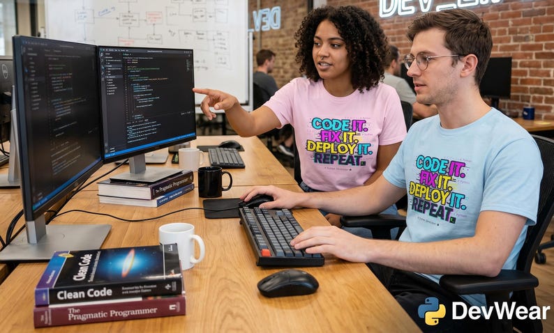 K&ouml;nnte beinhalten: Zwei Personen arbeiten an einem Schreibtisch mit Computermonitoren. Sie tragen T-Shirts mit der Aufschrift "CODE IT. FIX IT. DEPLOY IT. REPEAT." B&uuml;cher mit dem Titel "Clean Code" und "The Pragmatic Programmer" liegen auf dem Schreibtisch. Das Logo von DevWear befindet sich in der unteren rechten Ecke.