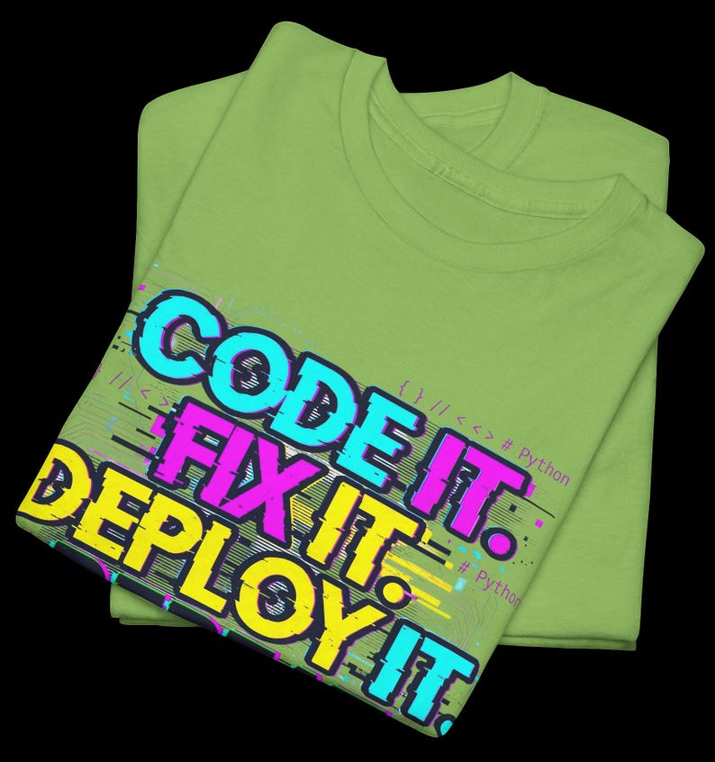 Kiwi green t-shirt with electric neon cyan and magenta glitch text. High-contrast "Code It Fix It" design for Python developers and computer science students. Edgy hacker aesthetic.