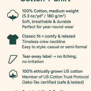 May include: A graphic promoting a Classic Unisex Cotton T-Shirt. The text highlights features like 100% cotton, medium weight, soft, breathable, and durable. It also mentions a classic fit, crew neckline, and tear-away label.