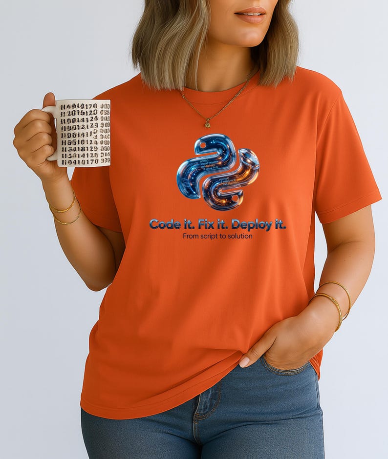 Orange t-shirt with a high-contrast 3D liquid python graphic. The glowing internal code highlights the "Code it. Fix it. Deploy it." motto. Energetic and eye-catching gift for tech-savvy graduates and software developers.