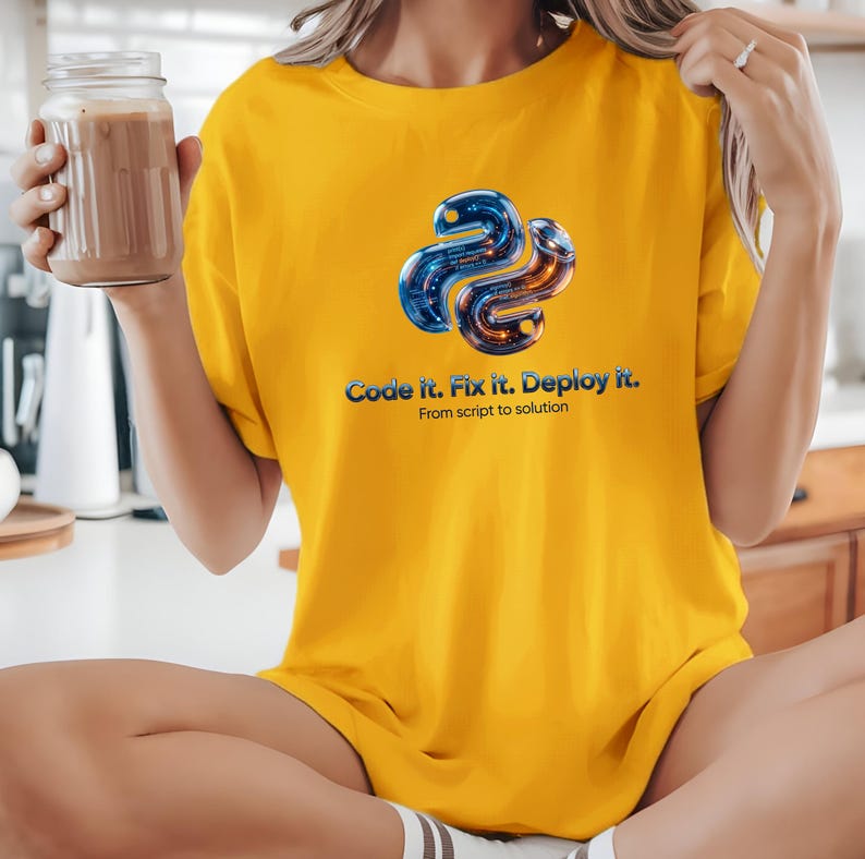 Gold t-shirt with a high-contrast 3D liquid python graphic. The glowing internal code highlights the "Code it. Fix it. Deploy it." motto. Energetic and eye-catching gift for tech-savvy graduates and software developers.