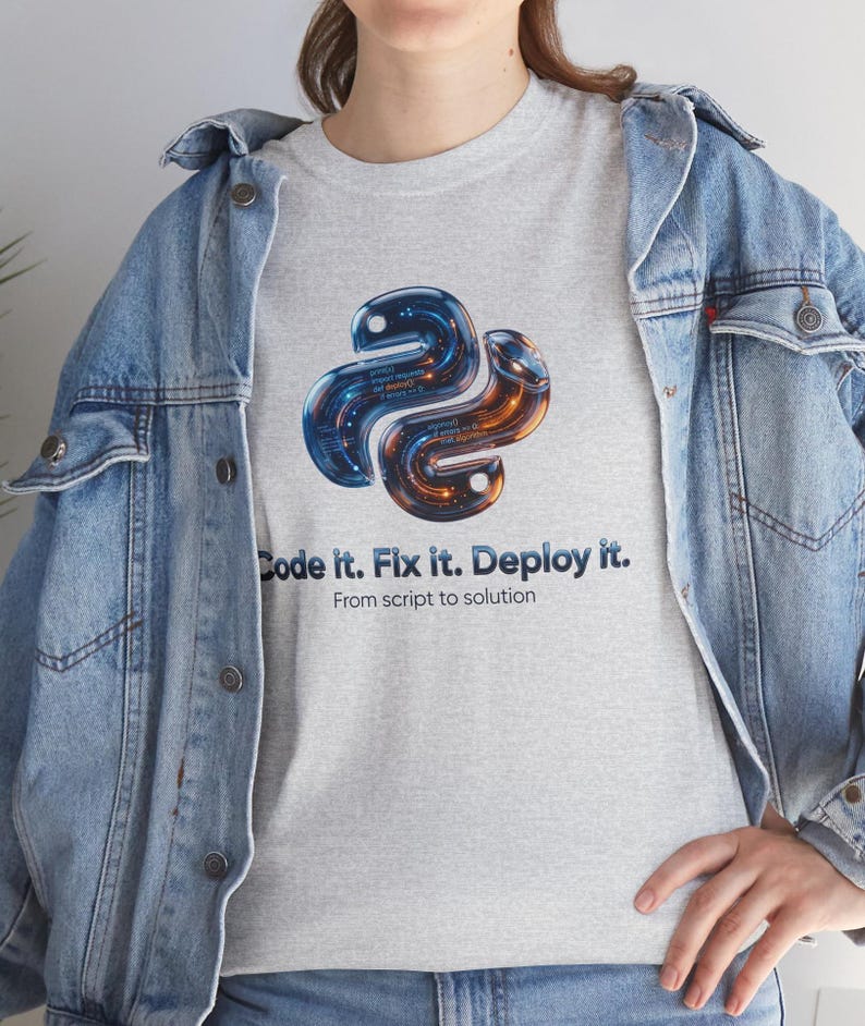 Ash grey premium tee featuring the futuristic 3D Python snake design. Soft, professional look for data scientists and AI engineers. Perfect for those who appreciate clean, tech-focused aesthetics and high-quality DTG prints.