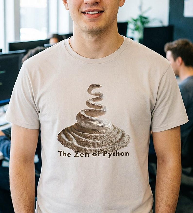 Ice grey t-shirt with an elegant minimalist print of a white coiled python on a raked sand garden. "The Zen of Python" text below. Aesthetic tech apparel for programmers and computer science grads.