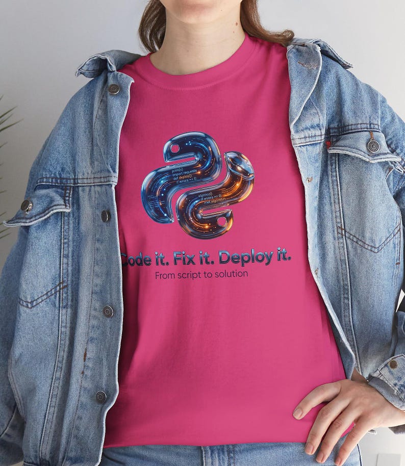 Heliconia pink t-shirt with a high-contrast 3D liquid python graphic. The glowing internal code highlights the "Code it. Fix it. Deploy it." motto. Energetic and eye-catching gift for tech-savvy graduates and software developers.