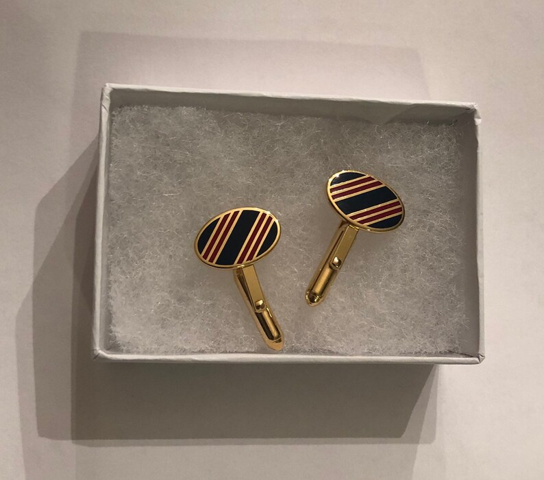 Men\u2019s Vintage Brass Enamel Navy Red Rugby Stripe Cufflinks