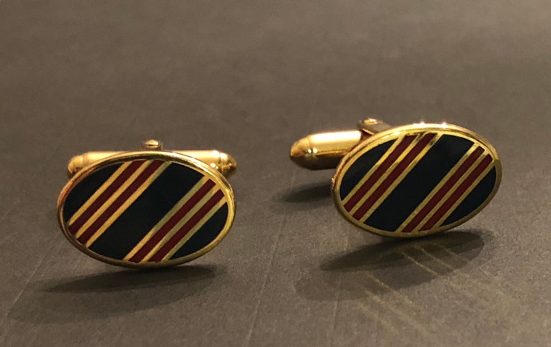 Men\u2019s Vintage Brass Enamel Navy Red Rugby Stripe Cufflinks