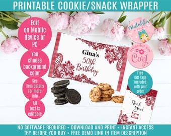 Rode chocoladekoekjesverpakking | Digitaal koekjeslabel | Snackverpakkingsverpakking | Instant Download partij gunst | Verjaardag | Douche | LC028