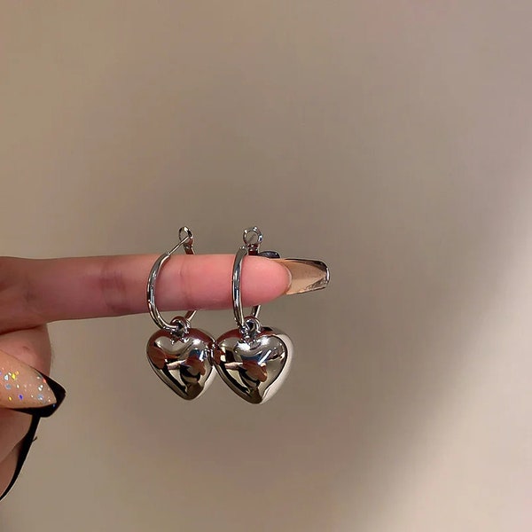 Chrome Silver Solid Heart Charm Hoop Earrings