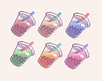Boba Tea Stickers | 6 Flavors | 2-inch Pixel Art Die-Cut Matte Vinyl Stickers