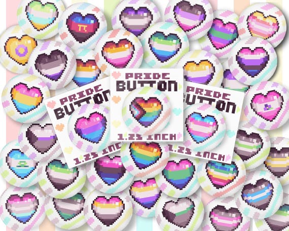 LGBTQ+ Pride Heart Pixel Buttons | 40 Pride Flag Designs | 1.25 Inch Pin Buttons