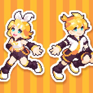 May include: Two pixel art figures of a yellow-haired anime character, one with a white bow and the other with a yellow bow, both wearing black and yellow outfits and white shirts.