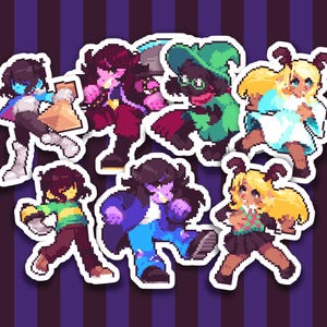 May include: A set of eight colorful pixel art stickers featuring characters from a video game. The stickers are on a purple and white striped background.