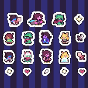 May include: A set of 16 pixel art stickers featuring characters from the video game Deltarune. The stickers are on a blue and white striped background. The characters include Kris, Susie, Ralsei, Lancer, and others.