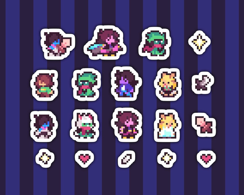 May include: A set of 16 pixel art stickers featuring characters from the video game Deltarune. The stickers are on a blue and white striped background. The characters include Kris, Susie, Ralsei, Lancer, and others.