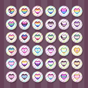 May include: A set of 36 colorful heart-shaped buttons with various pride flag designs. Each button has a white background with a striped border.