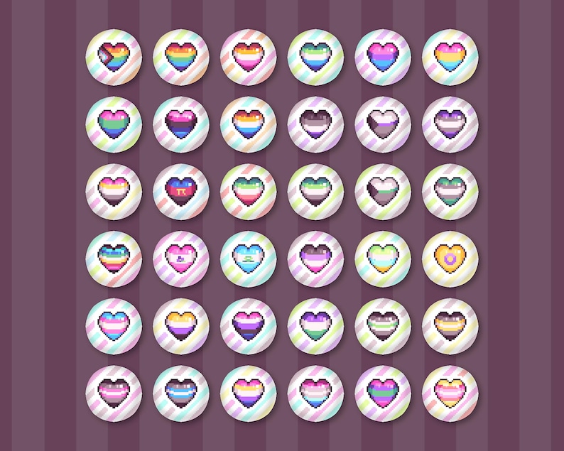 May include: A set of 36 colorful heart-shaped buttons with various pride flag designs. Each button has a white background with a striped border.