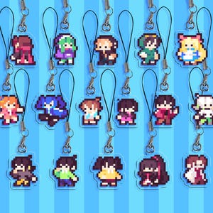 May include: A selection of pixel art character charms, each depicting a different figure with unique clothing and hairstyles. The charms are attached to silver-tone clasps and black lanyards. The background is light blue with vertical stripes.