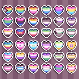 May include: A collection of pixelated heart stickers, each featuring a different design representing various LGBTQ+ identities. The hearts are outlined in white and arranged on a striped purple background. The stickers showcase a range of colors and patterns.