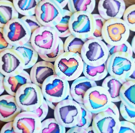 LGBTQ+ Pride Heart Pixel Buttons | 40 Pride Flags | 1.25 Inch Pins