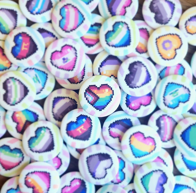 LGBTQ+ Pride Heart Pixel Buttons | 40 Pride Flags | 1.25 Inch Pins image 1