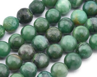 10/25/50/100 Perles de jade africain naturel, rond, qualité A, vert, 6 mm, 8 mm, 10 mm, trou: 1 mm