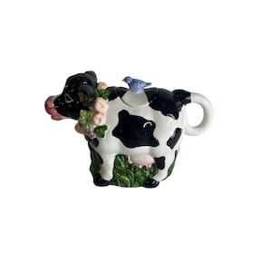 Vintage 1993 Wang&#39;s Ceramic Cow Teapot Black White Holstein Blue Bird on Back