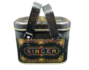 Singer Sewing Machine Bristol Ware Metallic Tin Box Lid Double Handles Vintage