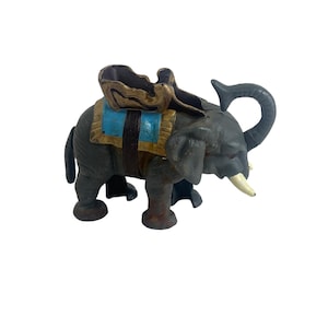 Vintage Cast Iron Hand-Painted Elephant Coin Bank Figurine With Saddle Details & Ivory-Look Tusks