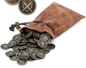 CASEMATIX Metal Coins and Pouch for Tabletop RPG Board Games - 100 DND Coins with Dragons & Sword Engraving, Metal Tokens for Board Games