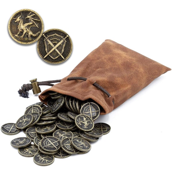 CASEMATIX Metal Coins and Pouch for Tabletop RPG Board Games - 100 DND Coins with Dragons & Sword Engraving, Metal Tokens for Board Games
