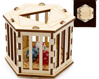 CM DND Dice Jail for Up to 50 RPG Dice with Fabric Travel Bag - Laser Etched Wooden Toy Jail Dice Cage for Misbehaving Roleplaying Dice