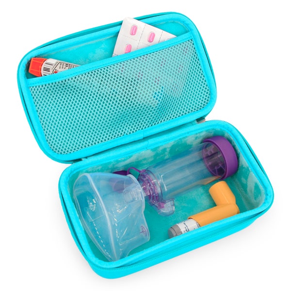 CASEMATIX Travel Case Fits Asthma Inhaler Spacer with Mask Attached, Inhaler Holder and Accessories, Includes Turquoise Asthma Case Only