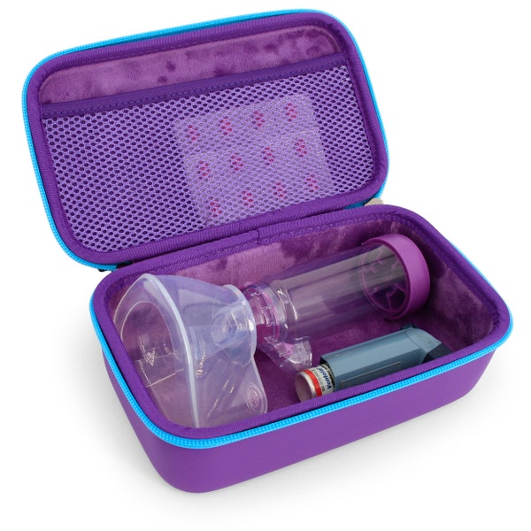 CASEMATIX Travel Case Fits Asthma Inhaler Spacer with Mask Attached, Inhaler Holder and Accessories, Includes Purple Asthma Case Only