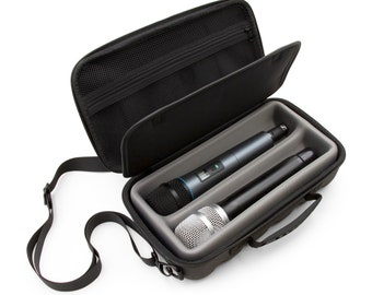 CM Wireless Microphone Case fits Two Wireless Handheld Microphones by Sennhesier, Shure and More - Dual Mic Bag with Strap Only, Gray