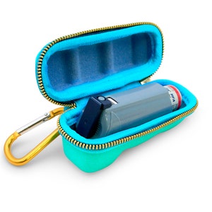 Casematix Turquoise Asthma Inhaler Case for Adults and Customers of All Ages with Clip On Carabiner, Nylon Lanyard