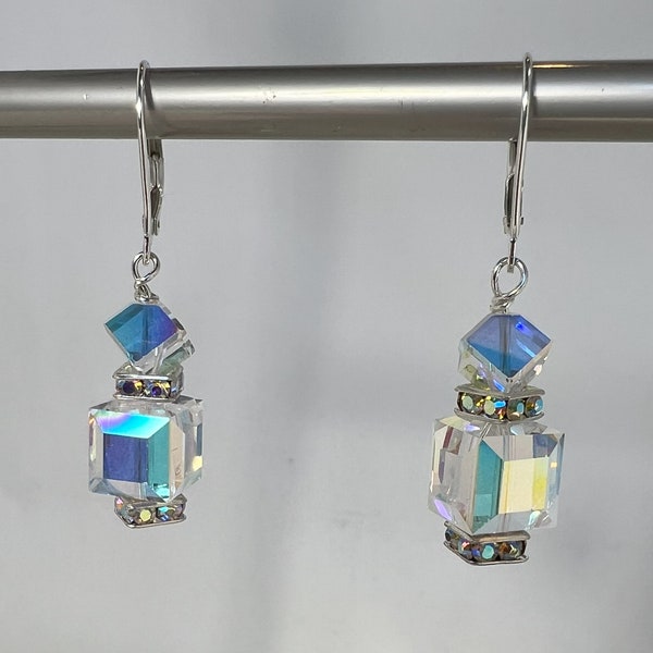 Stunning glamourous earrings Swarovski aurora borealis crystals sterling silver wedding bride prom gift