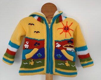 Girl/ Boy/ Baby/Children/Kids Yellow  fleece lined knitted Cardigan/Sweater/Jacket/Coat (Fleece lined) with hand embroidered applications