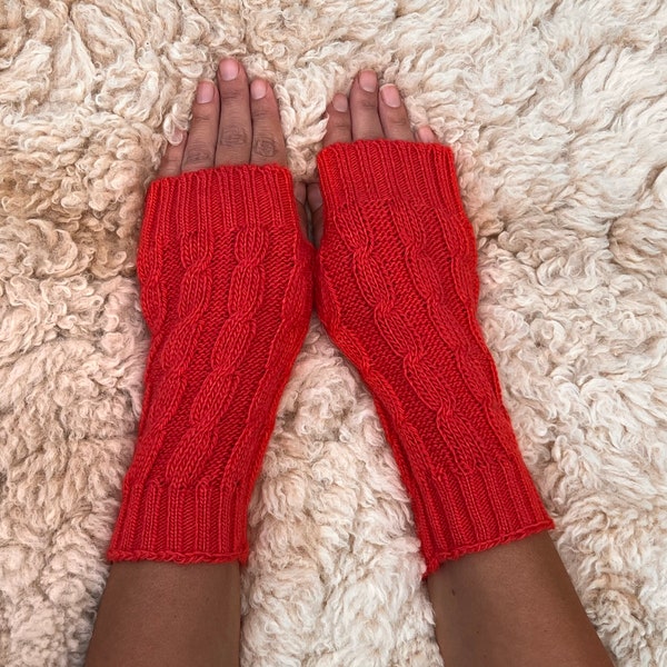 Knitted fingerless gloves, red gloves, alpaca gloves, wrist warmers, dog walking mittens, driving gloves, writing gloves,  Christmas gift