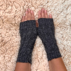 Knitted fingerless gloves, dark grey alpaca gloves, wrist warmers, dog walking gloves, driving and writing gloves, Christmas gift